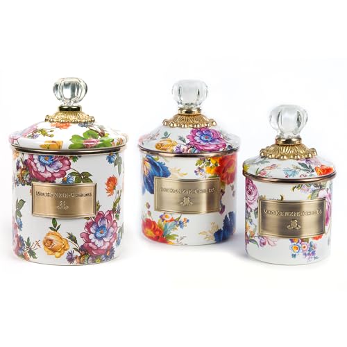 mackenzie childs MACKENZIECHILDS Enamel Canister Set Mini 14 oz Demi 24 oz and Small 38 oz Kitchen Containers White Flower Market - Image 1