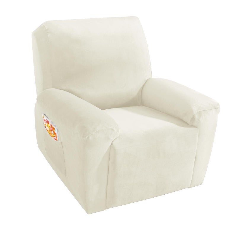 MAXIJIN Velvet 4 Piece Recliner Cover Stretch Plush Soft Cover for Recliner Chair Thick Soft Recliner Chair Slipcover Separate Chair Cover for Recliner with Side Pocket Beige