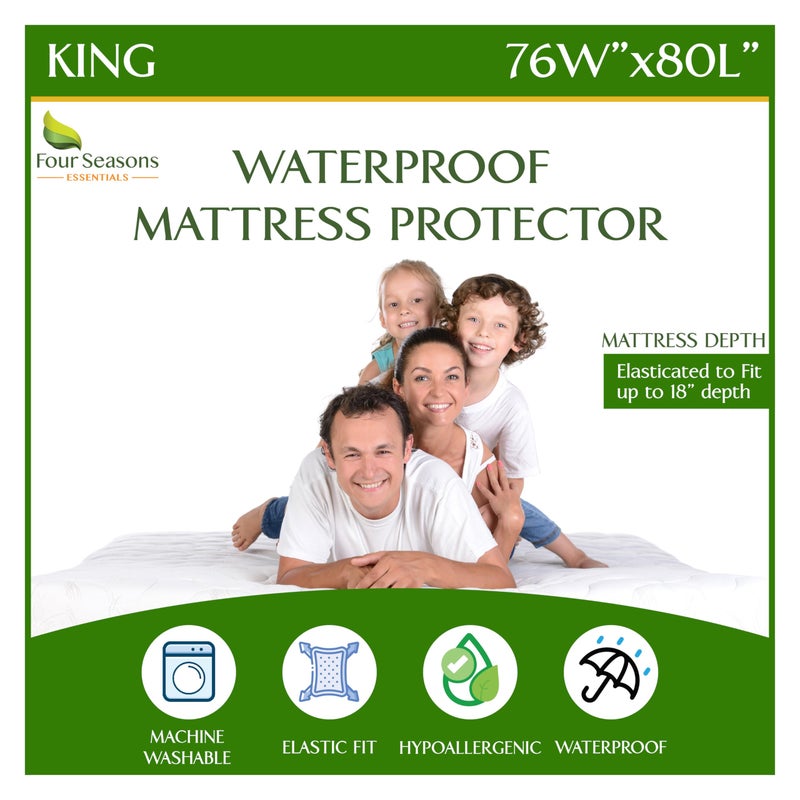 Four Seasons Essentials King Size Waterproof Mattress Protector  Cooling Viscose derived from Bamboo Fitted Sheet Mattress Cover  Quilted Jacquard Pad Protects from Dust Allergens