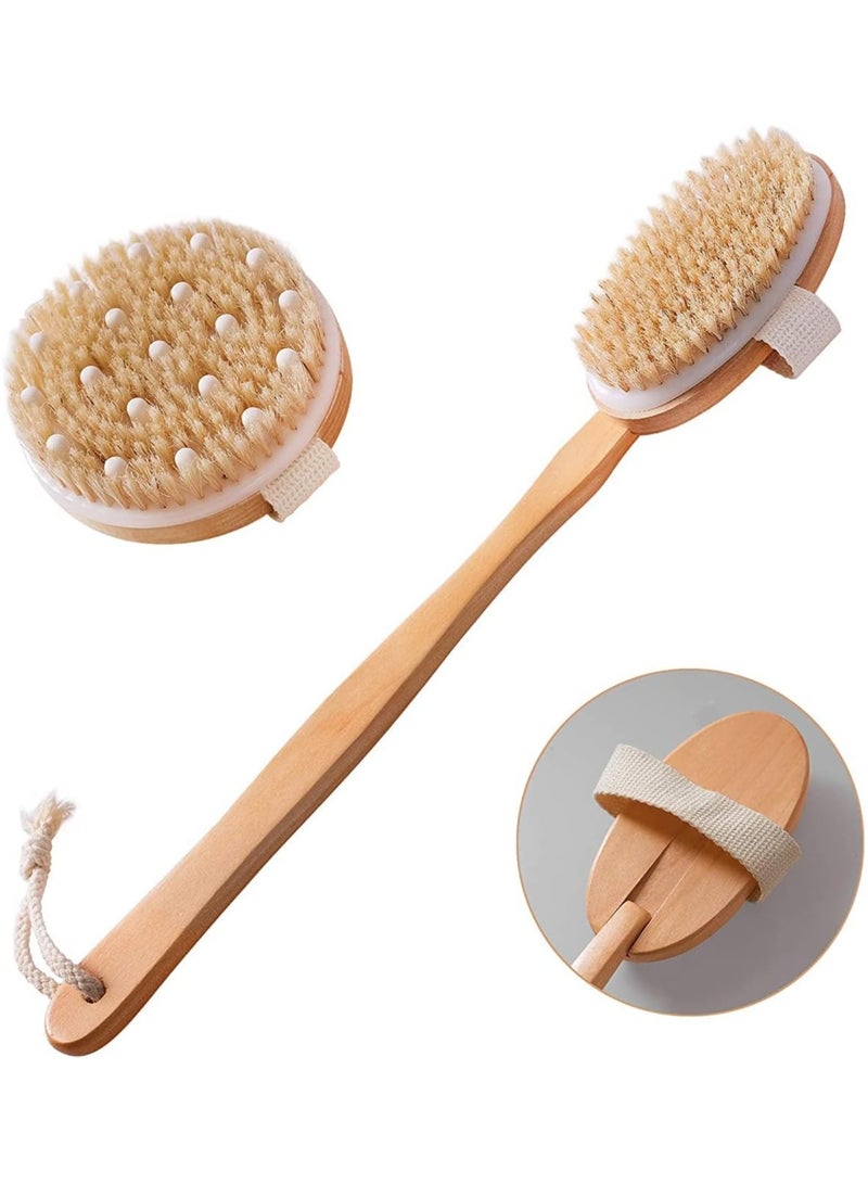 مجموعة فرشاة الجسم الجافة من قطعتين، فرشاة تقشير البشرة الجافة، فرشاة تقشير الظهر بمقبض طويل للاستحمام، فرشاة جافة للسيلوليت والتدليك، تحسين الدورة الدموية - Image 1