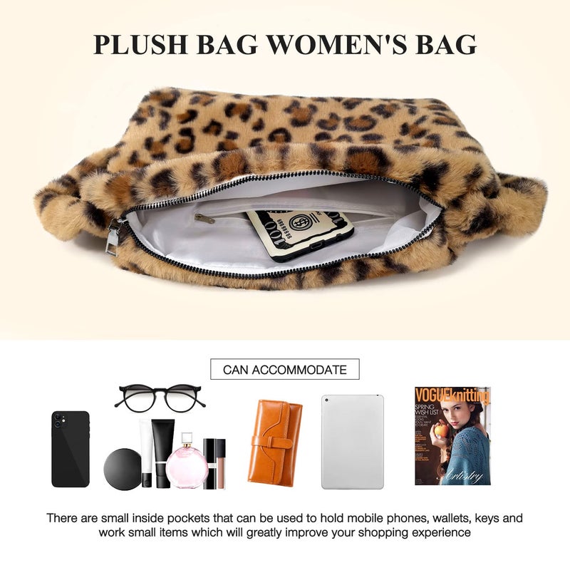 KPX Fuzzy Tote Bag Y2K Fluffy Shoulder Bag Women Furry Purse Large Cute Plush Bag Ladies Faux Fur Bag for Autumn and Winter (Leopard) - Image 4