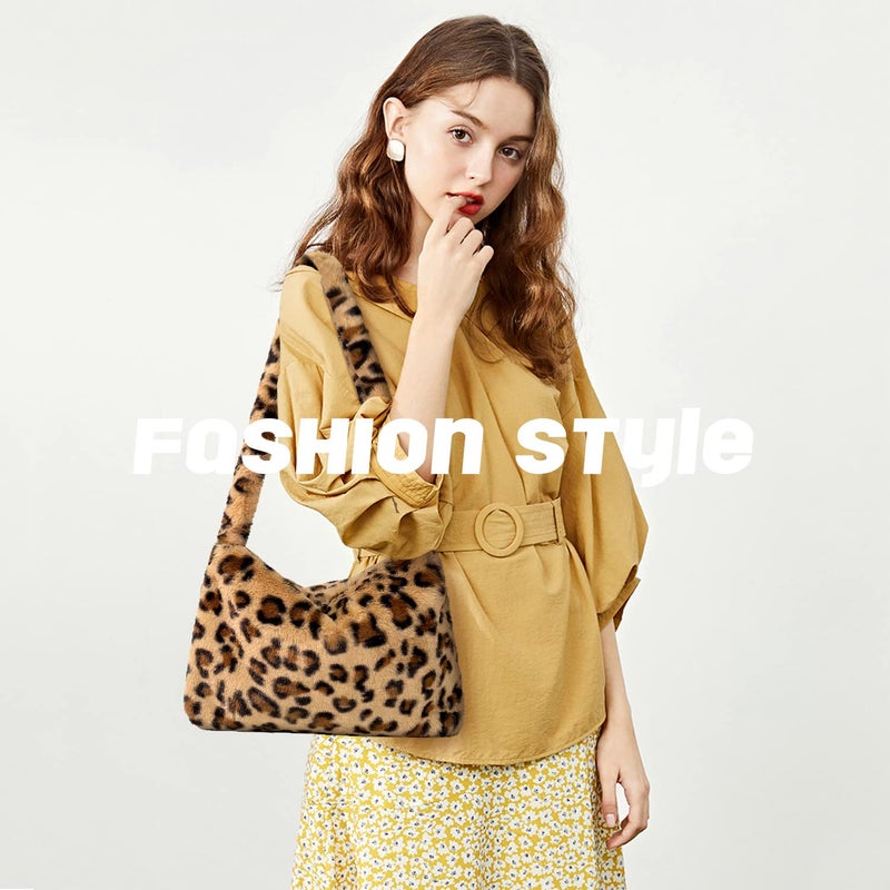 KPX Fuzzy Tote Bag Y2K Fluffy Shoulder Bag Women Furry Purse Large Cute Plush Bag Ladies Faux Fur Bag for Autumn and Winter (Leopard) - Image 2