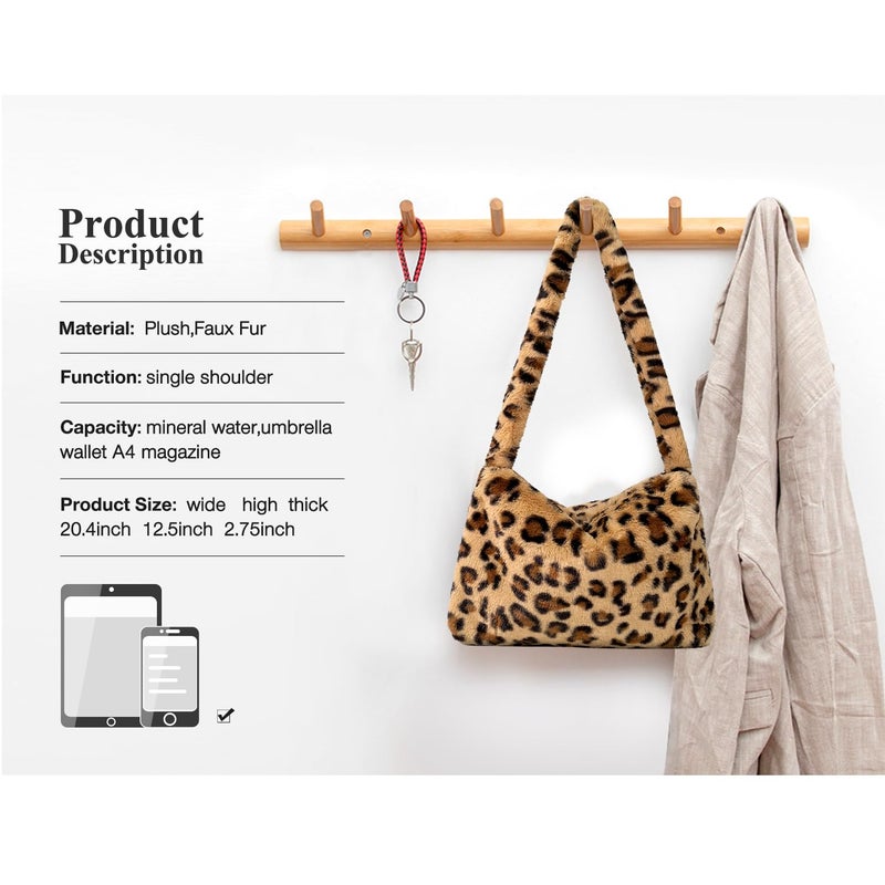 KPX Fuzzy Tote Bag Y2K Fluffy Shoulder Bag Women Furry Purse Large Cute Plush Bag Ladies Faux Fur Bag for Autumn and Winter (Leopard) - Image 3