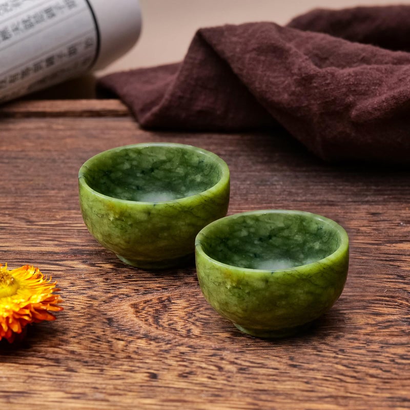 Runyangshi 2PCS Natural Jade Tea Cup Set Green Jade Healing Crystal Water Cup Hand Carved Bowl Gongfu Tea Set Reiki Meditation Home Decor Gift - Image 1