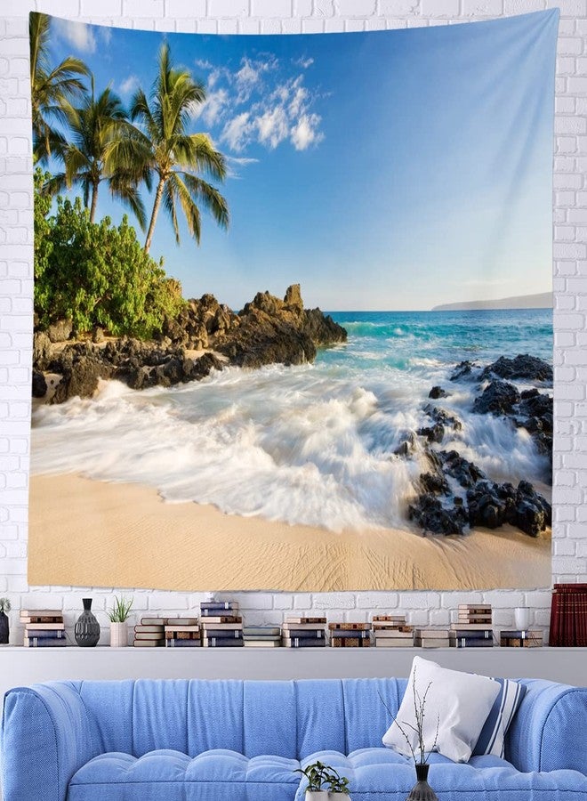 Loccor Beach Tapestry 80x60 inch Sandy Beach Shore Waves Palm Trees Rocks Island Tapestry Wall Hanging Tropical Hawaii Wall Art Decor for Living Room Bedroom Dorm Home Decorations - Image 2