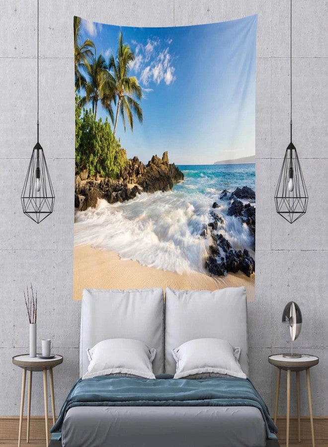 Loccor Beach Tapestry 80x60 inch Sandy Beach Shore Waves Palm Trees Rocks Island Tapestry Wall Hanging Tropical Hawaii Wall Art Decor for Living Room Bedroom Dorm Home Decorations - Image 3