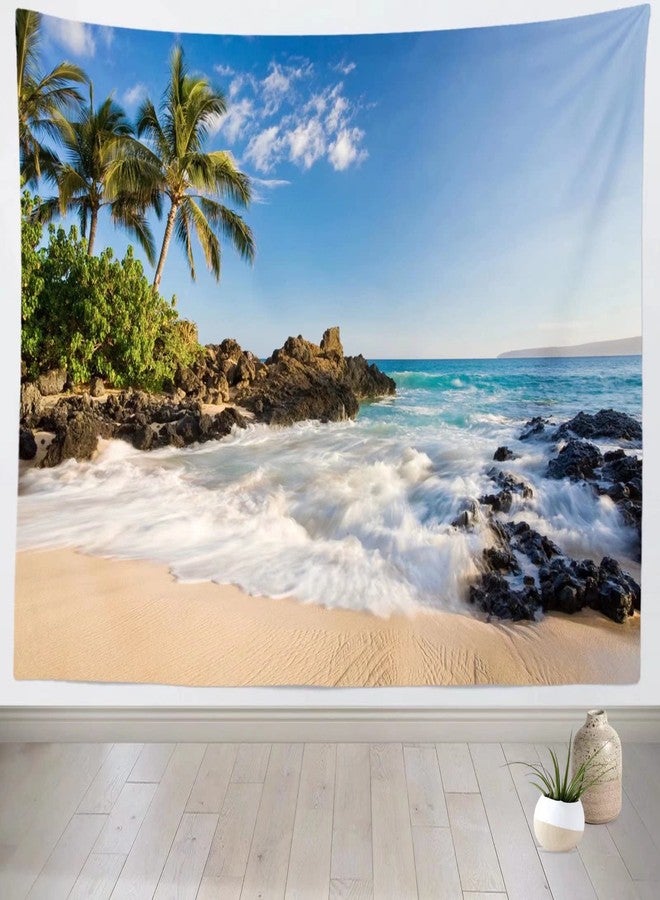 Loccor Beach Tapestry 80x60 inch Sandy Beach Shore Waves Palm Trees Rocks Island Tapestry Wall Hanging Tropical Hawaii Wall Art Decor for Living Room Bedroom Dorm Home Decorations - Image 1