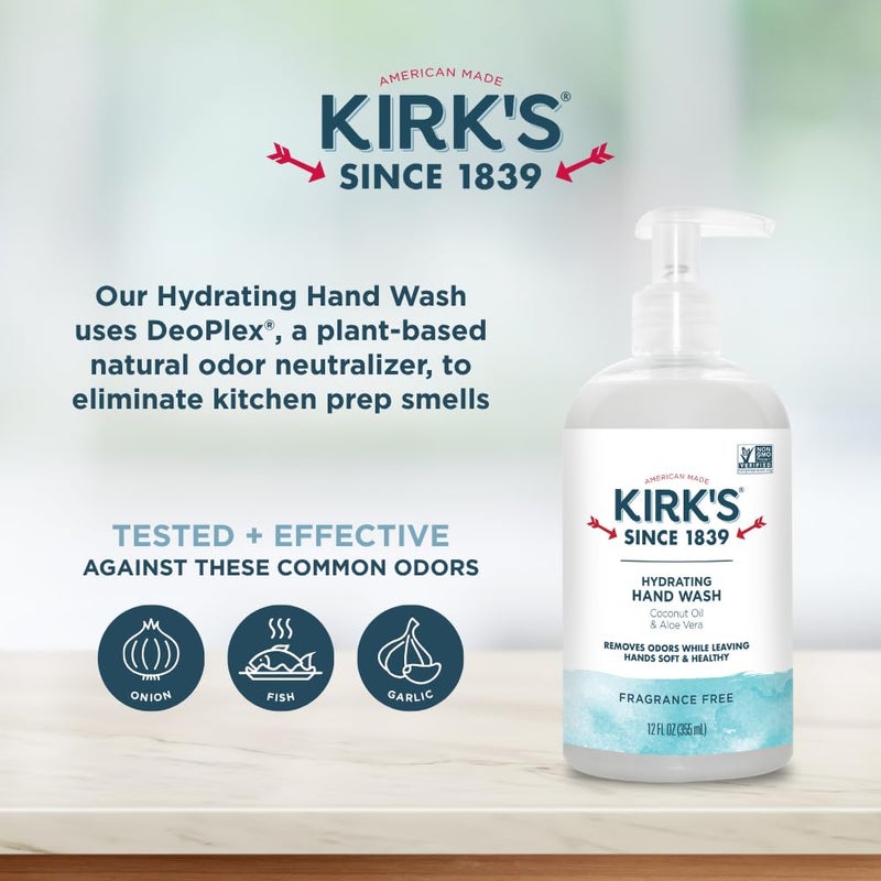 Kirk's Hydrating Hand Wash - Made with Coconut Oil and Aloe Vera, With Odor Neutralizing Technology To Help Eliminate Odors, Non-GMO, Vegan, Fragrance Free, 12 Fl Oz. 4 pack - Image 3