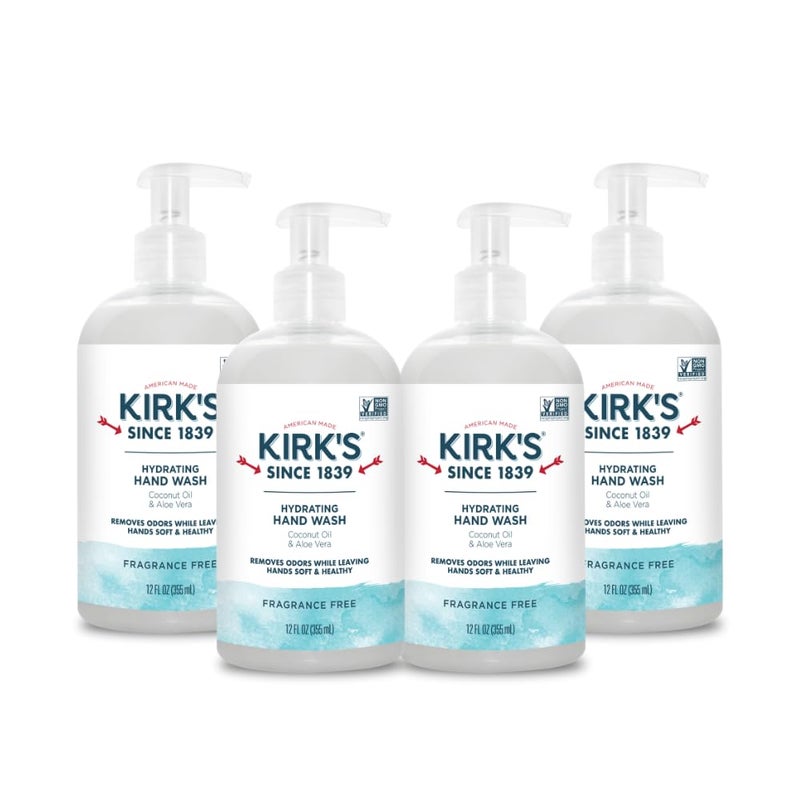 Kirk's Hydrating Hand Wash - Made with Coconut Oil and Aloe Vera, With Odor Neutralizing Technology To Help Eliminate Odors, Non-GMO, Vegan, Fragrance Free, 12 Fl Oz. 4 pack - Image 1