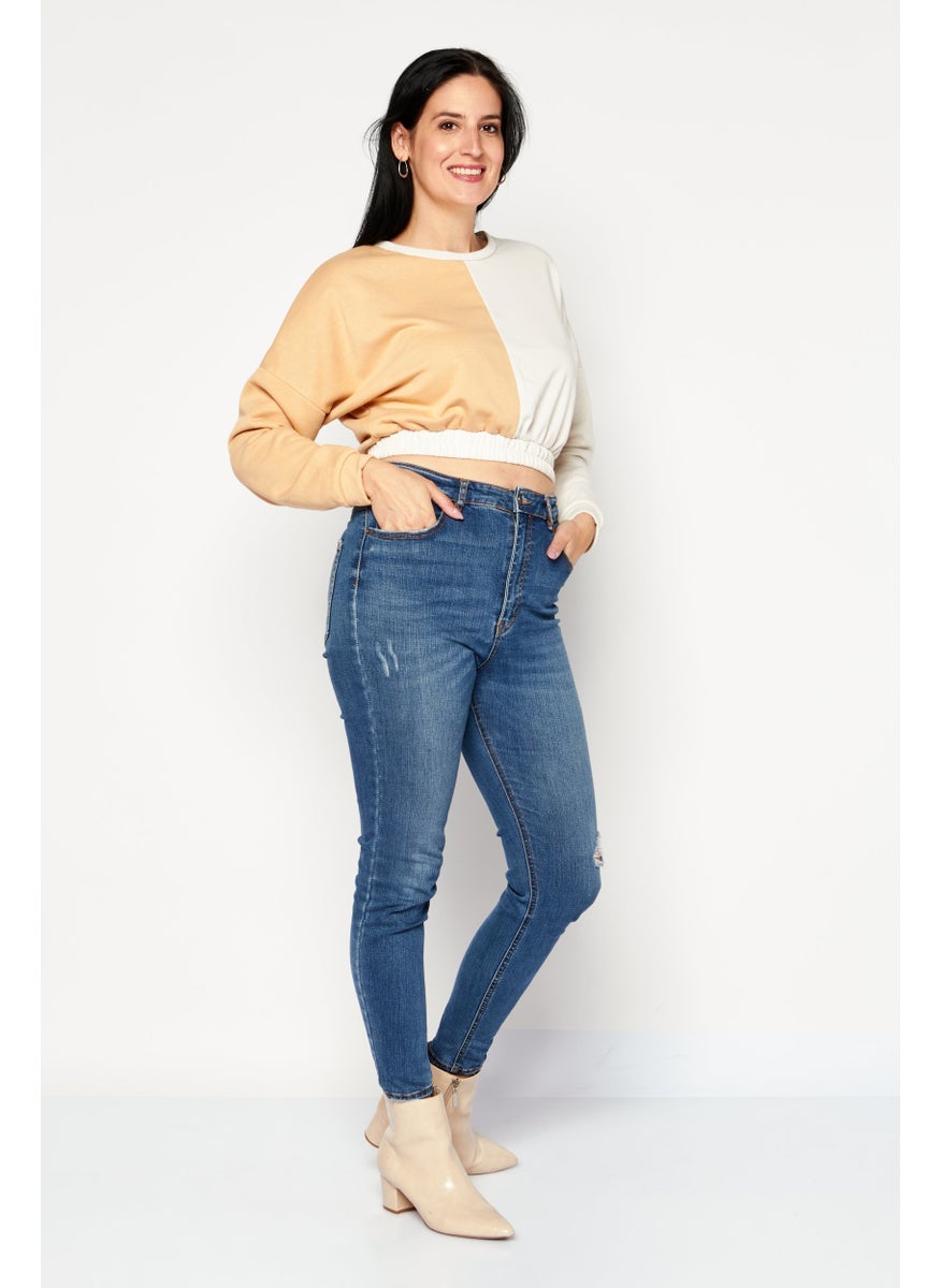 SOUTH BEACH - Women Crew Neck Long Sleeve Two Tone Sweatshirt, Beige - Image 1