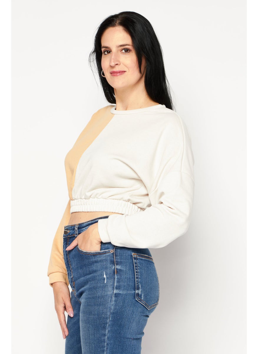 SOUTH BEACH - Women Crew Neck Long Sleeve Two Tone Sweatshirt, Beige - Image 1