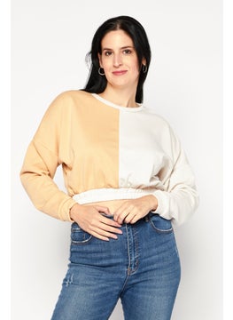 Women Crew Neck Long Sleeve Two Tone Sweatshirt, Beige