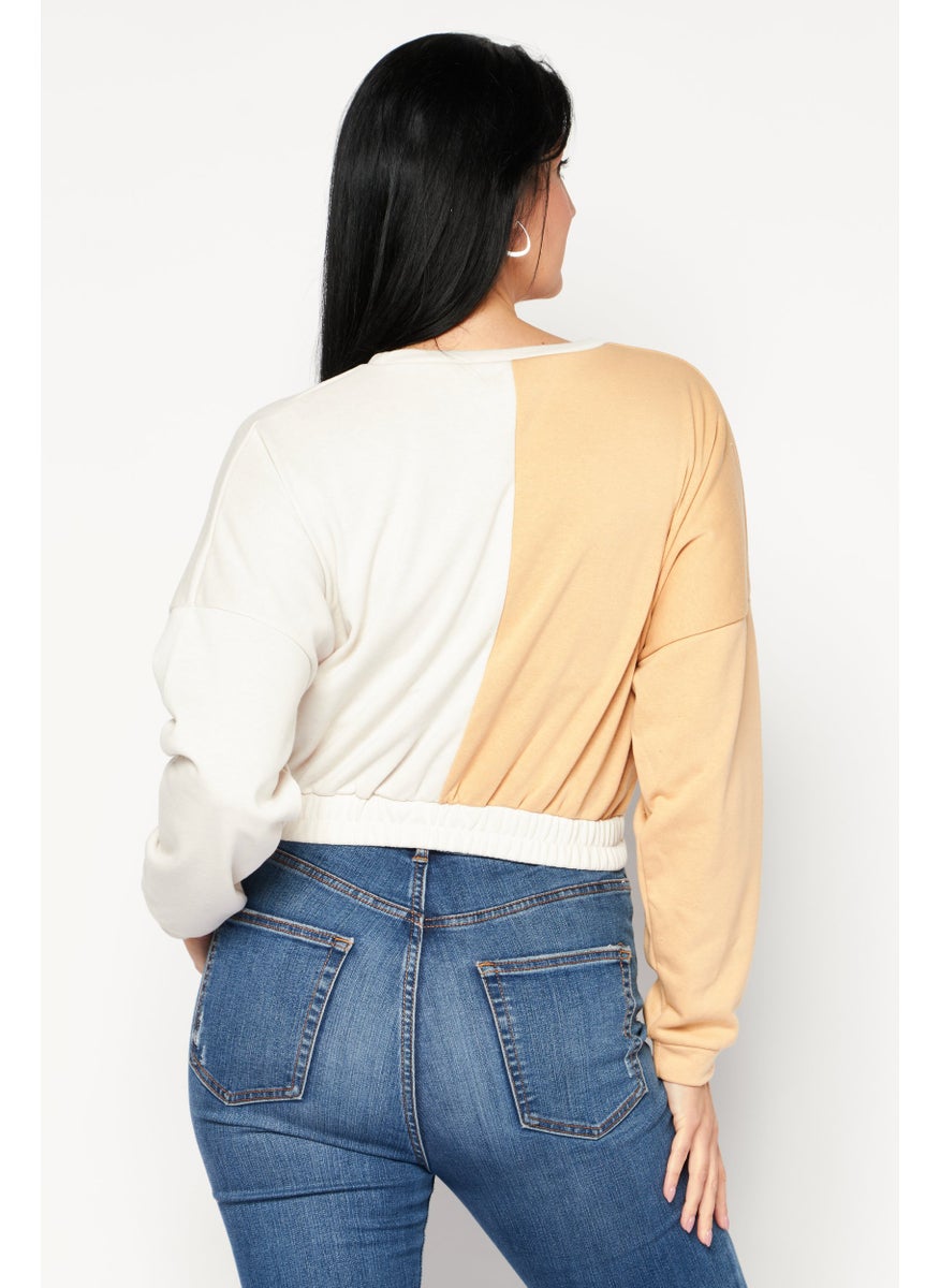 SOUTH BEACH - Women Crew Neck Long Sleeve Two Tone Sweatshirt, Beige - Image 1