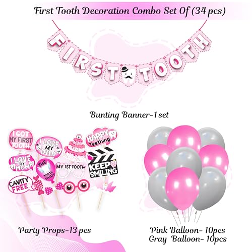 WOBBOX First Tooth Pink 13 Pcs Party Props With Bunting Banner, Pink & White Stylish Font & Balloons, Decoration - Image 2