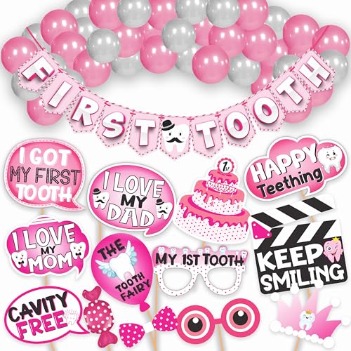 WOBBOX First Tooth Pink 13 Pcs Party Props With Bunting Banner, Pink & White Stylish Font & Balloons, Decoration - Image 1