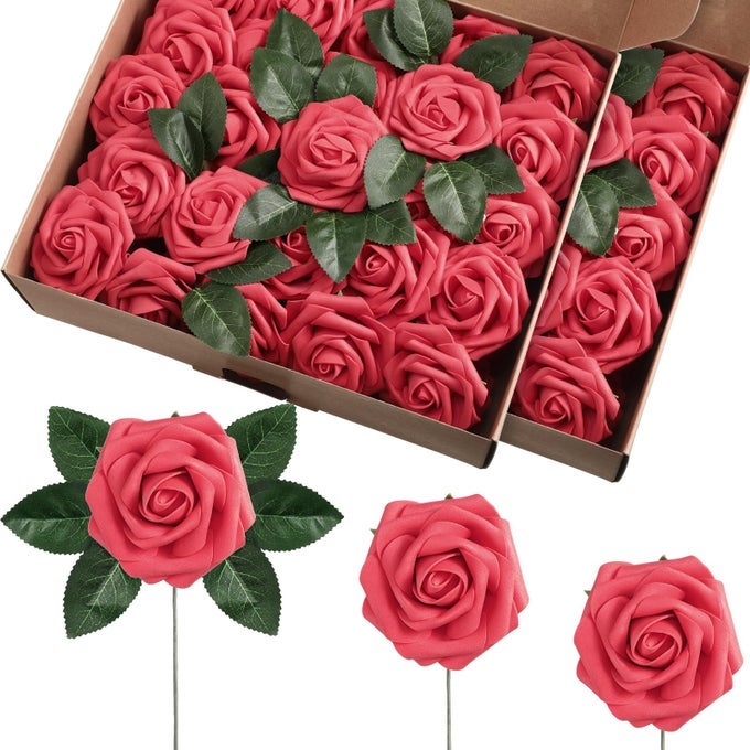 100 PIECES ARTIFICIAL FOAM ROSE FLOWERS FAUX BOUQUET WITH LEAVES AND STEMS FOR DIY WEDDING BOUQUETS CENTERPIECES BRIDAL SHOWER PARTY VALENTINE HOME DECORATIONSRED