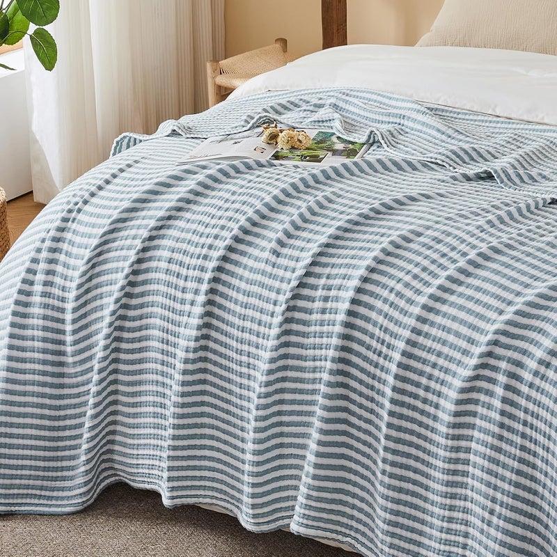 EMME Cotton Muslin Large Throw Blanket Couch Breathable Gauze Soft Lightweight Bed Blankets Adults (Striped Teal, 50"x70") - Image 5