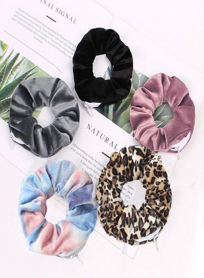 DINPREY Women's Tie-Dye Scrunchie Hair Ties with Hidden Zipper Pouch - Soft Velvet Hair Elastics for VSCO Girls (8 Pcs Multicolor) - Image 3