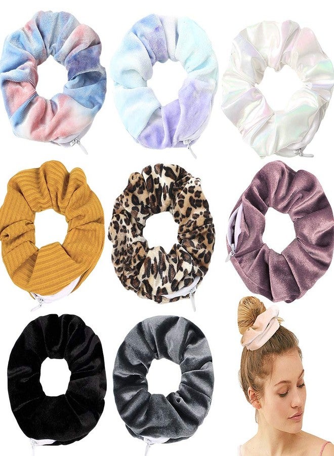 DINPREY Women's Tie-Dye Scrunchie Hair Ties with Hidden Zipper Pouch - Soft Velvet Hair Elastics for VSCO Girls (8 Pcs Multicolor) - Image 1
