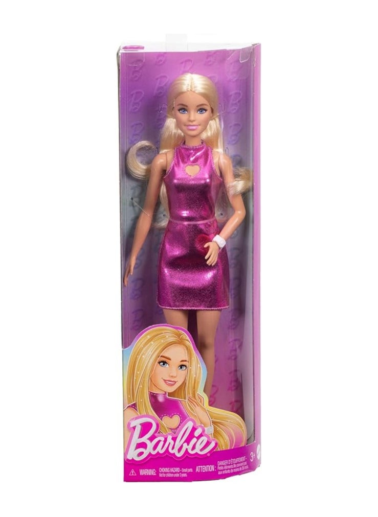 Barbie BARBIE FASHIONISTAS DOLL #230 IN METALLIC PINK MINIDRESS WITH HEART CUT-OUT, BLOND HAIR 