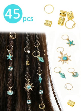 45 Pcs Cute Hair Accessories Gold Hair Jewelry Set, for Braids Ocean Theme Dreadlocks Loc Hair Jewels, Hair Braided Cuffs Rings Decorations