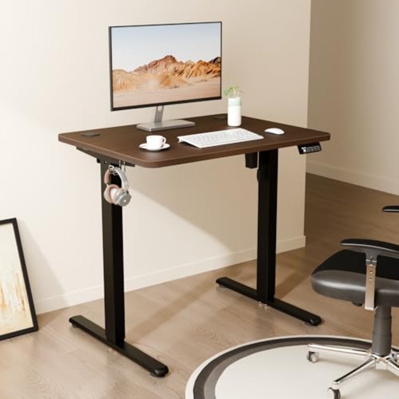 Electric Standing Desk Height Adjustable Desk 80x60cm 31.5"x23.6",Sit Stand table with Splicing Top for Home Office ( Frame + Walnut Desktop) 2 Up/Down Buttons + 2 Memory Preset, 28.7"-46.4" in Height, Heavy Load Capacity, Hooks, Home Office Gaming - Image 2