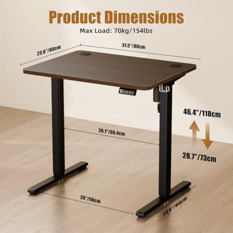 Electric Standing Desk Height Adjustable Desk 80x60cm 31.5"x23.6",Sit Stand table with Splicing Top for Home Office ( Frame + Walnut Desktop) 2 Up/Down Buttons + 2 Memory Preset, 28.7"-46.4" in Height, Heavy Load Capacity, Hooks, Home Office Gaming - Image 3