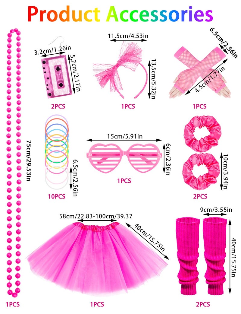 Kitimi 80s Fancy Dress for Women, 10 PCS Women's 80s Costume Accessories Set, 80s Accessories for Women Neon Costume Accessories, Lips Print T-Shirt Skirt with 80s Earrings Necklace for 81s Theme Party - Image 2