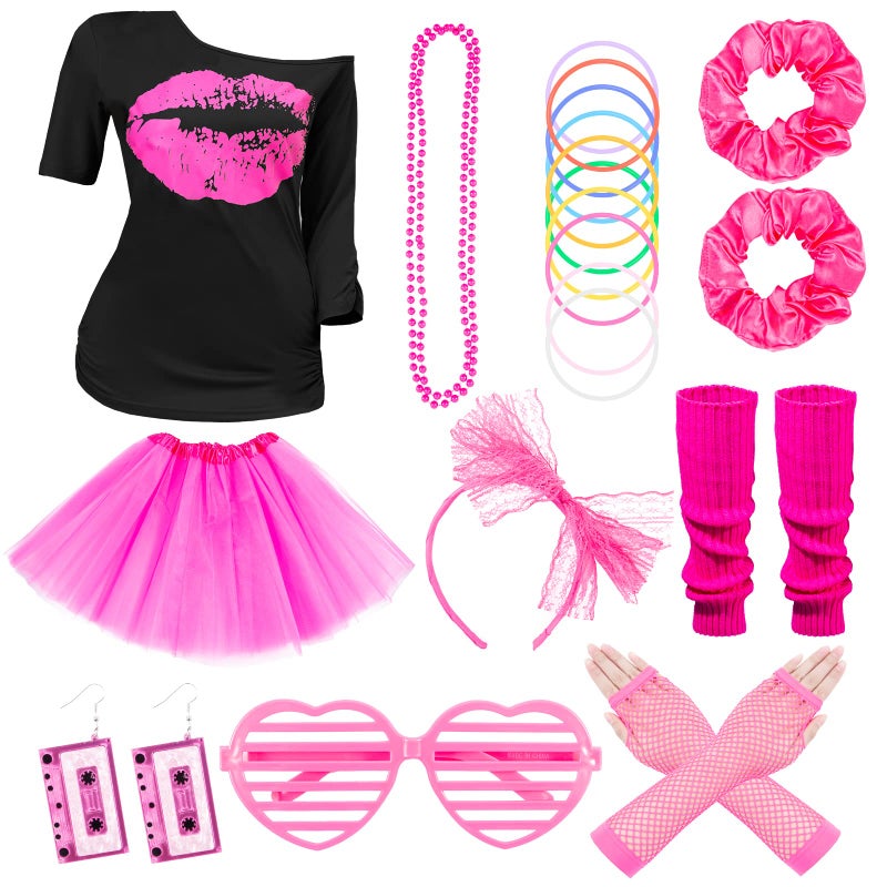 Kitimi 80s Fancy Dress for Women, 10 PCS Women's 80s Costume Accessories Set, 80s Accessories for Women Neon Costume Accessories, Lips Print T-Shirt Skirt with 80s Earrings Necklace for 81s Theme Party - Image 1