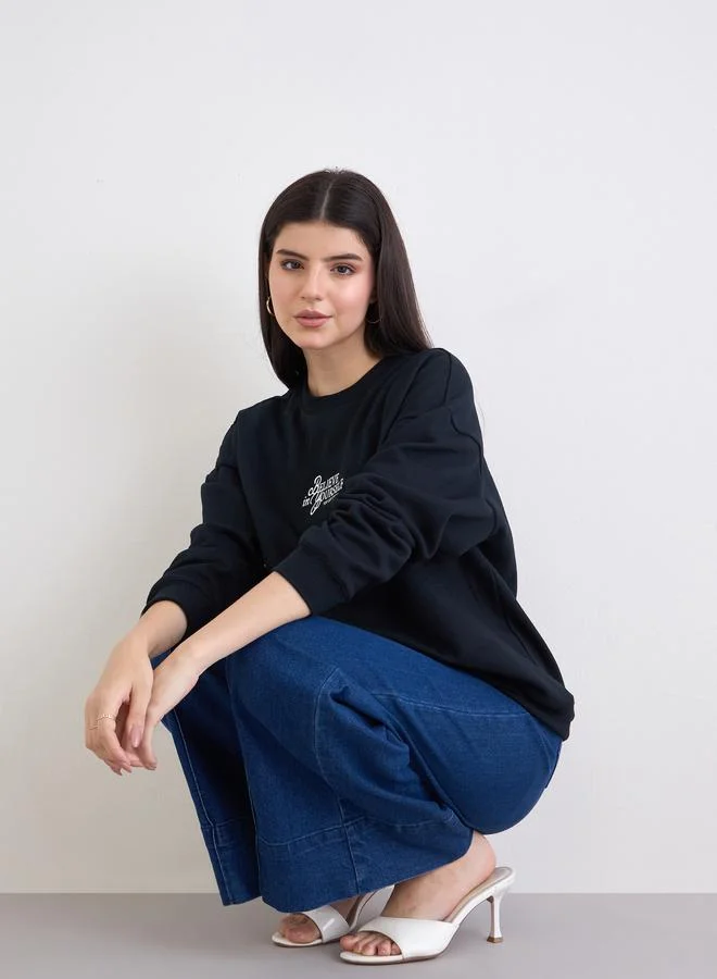 Styli  Styli Embroidered Slogan Regular Fit Sweatshirt for Women | Best Price UAE