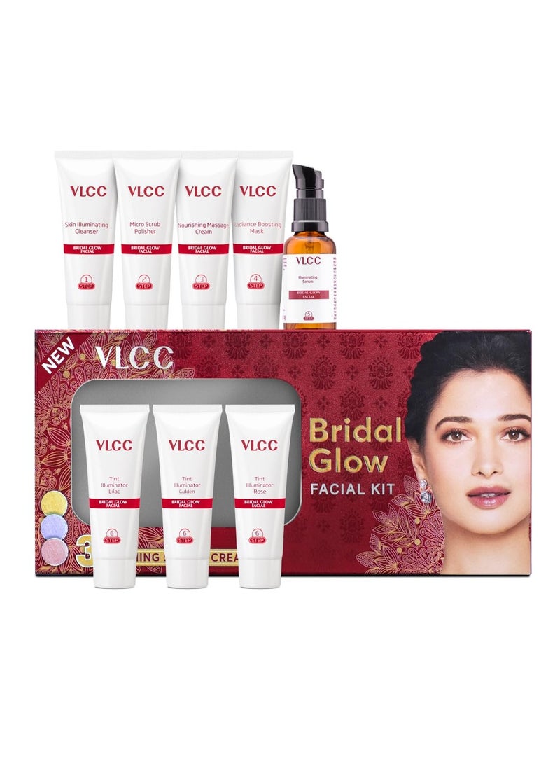 VLCC Bridal Glow Facial Kit - 49g, With Hyaluronic Acid, Niacinamide & Vitamin C. At home facial with 3 Illuminator Strobe Creams - Gold Strobe Cream. Lilac Strobe Cream. Rose Strobe Cream - Image 1