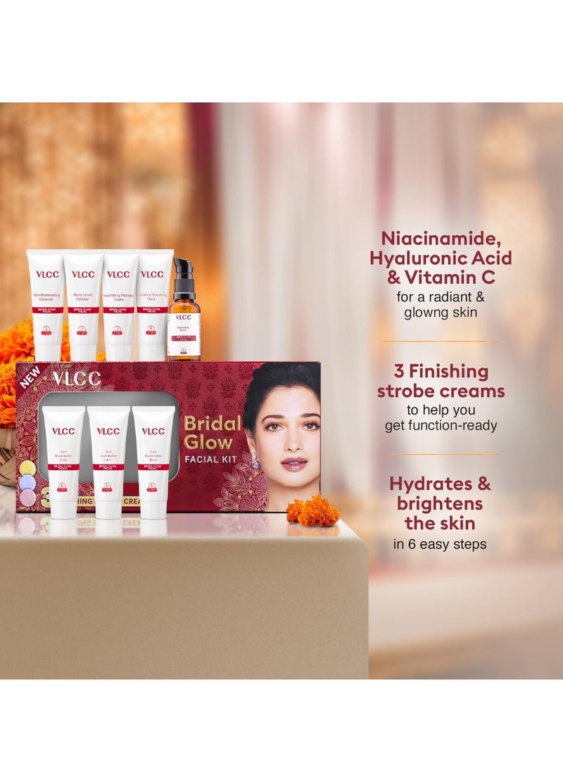 VLCC Bridal Glow Facial Kit - 49g, With Hyaluronic Acid, Niacinamide & Vitamin C. At home facial with 3 Illuminator Strobe Creams - Gold Strobe Cream. Lilac Strobe Cream. Rose Strobe Cream - Image 3