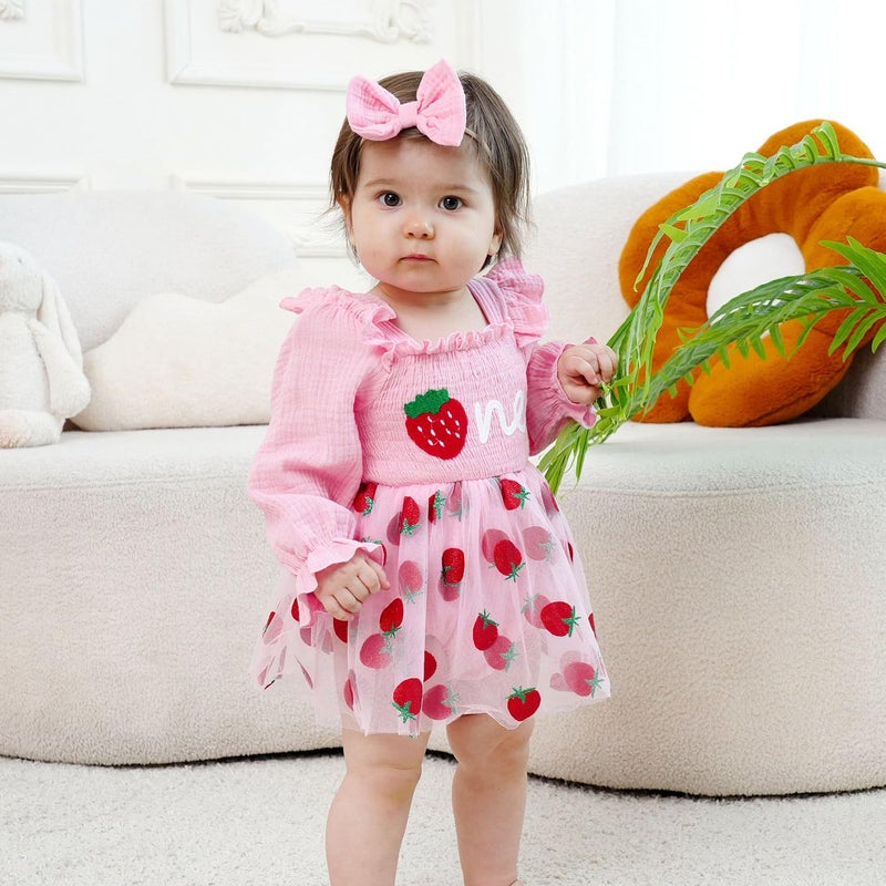 HONGTEYA Baby Girl 1st Birthday Outfit First Birthday Gifts Long Sleeve Tulle Dress One Year Old Bodysuit Clothes (US, Age, 18 Months, 24 Months, Strawberry) - Image 2