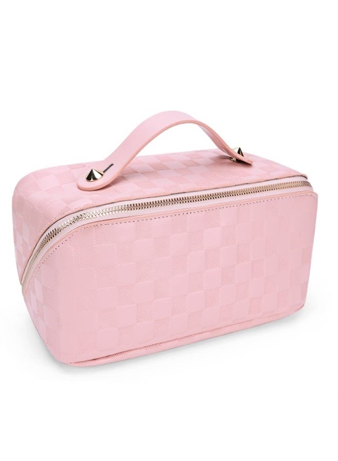 Cessfle Large Capacity Travel Cosmetic Bag Plaid Checkered Makeup Bag Portable Leather Waterproof Skincare Bag with Handle and Divider for Women - Image 1