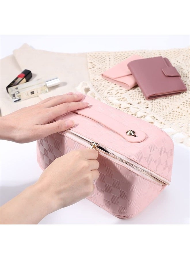 Cessfle Large Capacity Travel Cosmetic Bag Plaid Checkered Makeup Bag Portable Leather Waterproof Skincare Bag with Handle and Divider for Women - Image 3
