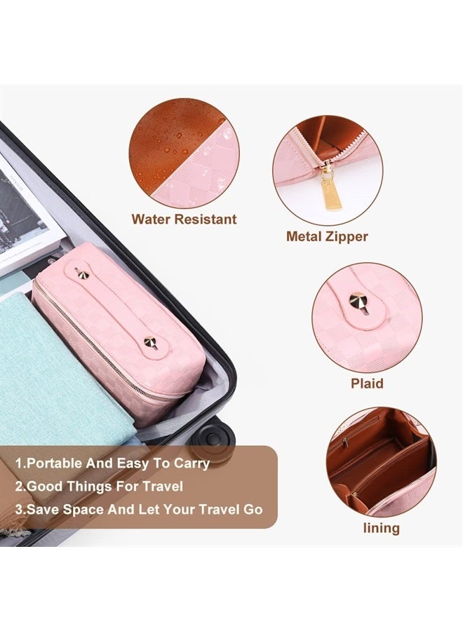 Cessfle Large Capacity Travel Cosmetic Bag Plaid Checkered Makeup Bag Portable Leather Waterproof Skincare Bag with Handle and Divider for Women - Image 5