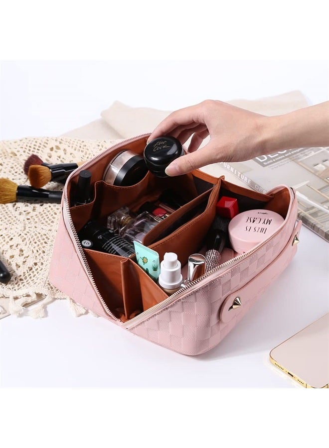 Cessfle Large Capacity Travel Cosmetic Bag Plaid Checkered Makeup Bag Portable Leather Waterproof Skincare Bag with Handle and Divider for Women - Image 2