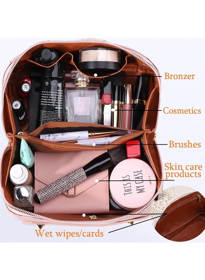 Cessfle Large Capacity Travel Cosmetic Bag Plaid Checkered Makeup Bag Portable Leather Waterproof Skincare Bag with Handle and Divider for Women - Image 4