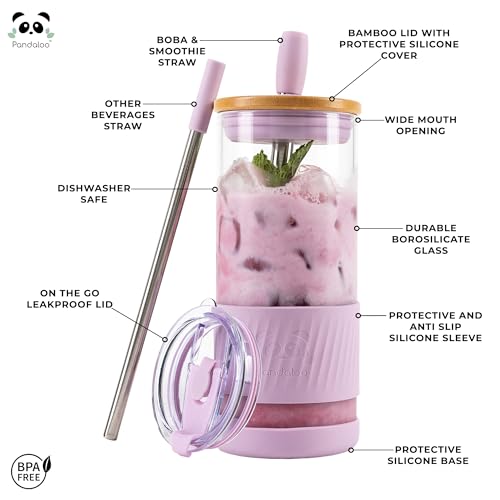 Pandaloo® Glass Cups With Lids and Straws -20 Fl Oz- Perfect Size Iced Coffee Cup - Smoothie Cup With Bamboo Lid and On the go Lid - Glass Tumbler With Straw (1 Count (Pack of 1), Lilac Rhapsody) - Image 2