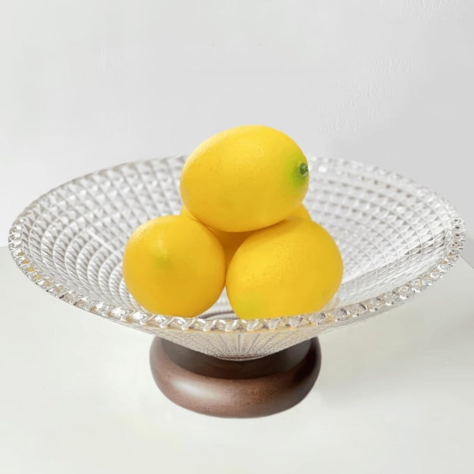 GLASS FRUIT BOWL 98 LARGE DECORATIVE SHALLOW BOWL FOR KITCHEN COUNTER TABLE DECOR CLEAR CRYSTAL DISPLAY BOWL WITH WOOD PEDESTAL FOOTED BOWL FOR FRUIT SNACKS CANDY