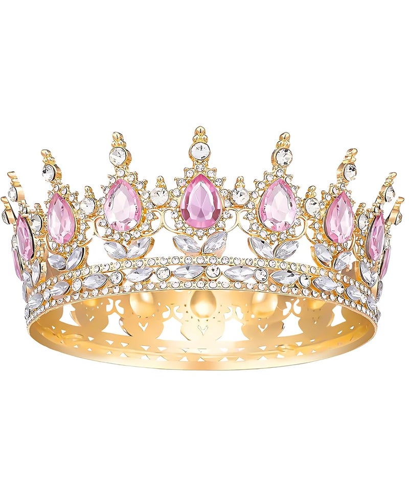 Buildcon تاج 12 سم / 4.72 بوصة للنساء لحفلات الزفاف، تاج للملكة، 16 نقطة وردية مع دائرة ذهبية، تاج مسابقة للملكة، مثالي لحفلات الزفاف، أعياد الميلاد، حفلات التخرج، وكوسبلاي - Image 1