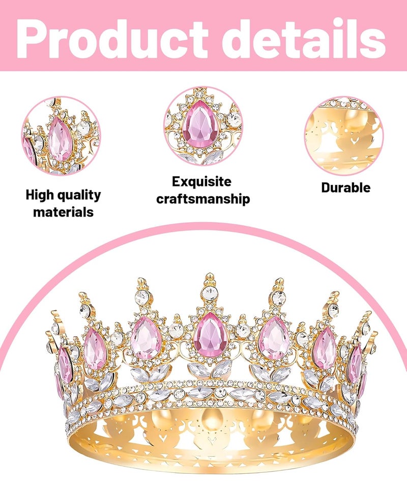 Buildcon تاج 12 سم / 4.72 بوصة للنساء لحفلات الزفاف، تاج للملكة، 16 نقطة وردية مع دائرة ذهبية، تاج مسابقة للملكة، مثالي لحفلات الزفاف، أعياد الميلاد، حفلات التخرج، وكوسبلاي - Image 3