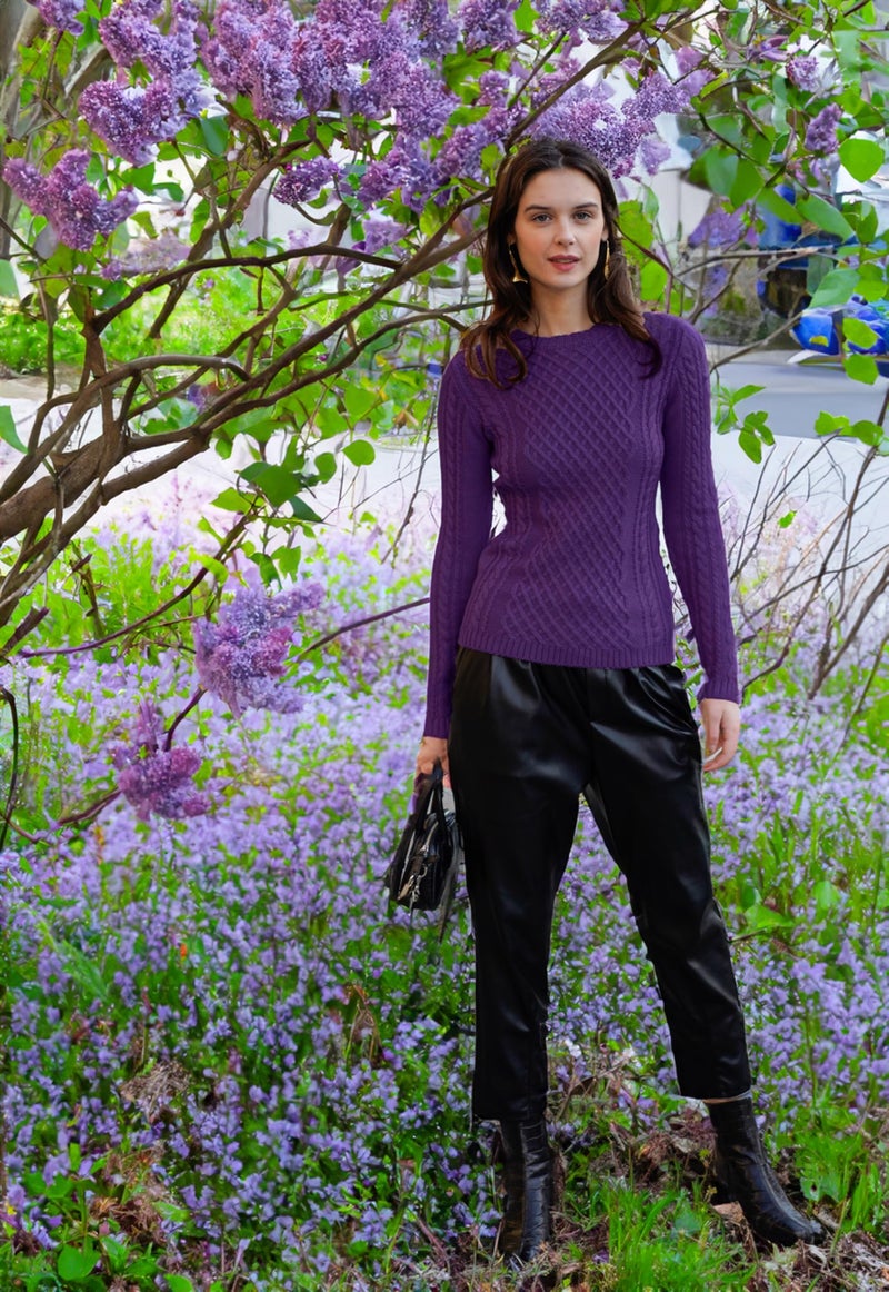 v28 Women Crew Neck Korea Knit Stretchable Elasticity Long Sleeve Sweater Jumper (S, Purple) - Image 2
