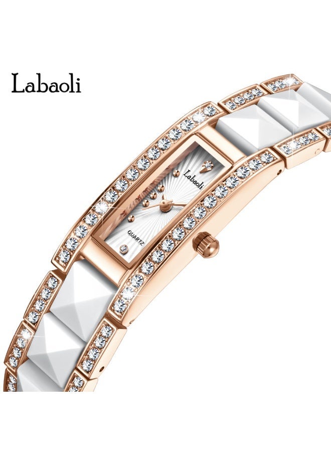 Labaoli New Arrival Ceramic Square Women Watch Full Rhinestone Bezel Rose Gold Bracelet 30M Waterproof Quartz Wristwatch - Image 3