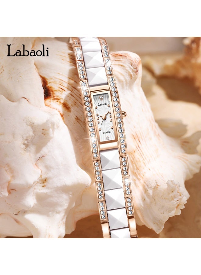 Labaoli New Arrival Ceramic Square Women Watch Full Rhinestone Bezel Rose Gold Bracelet 30M Waterproof Quartz Wristwatch - Image 4