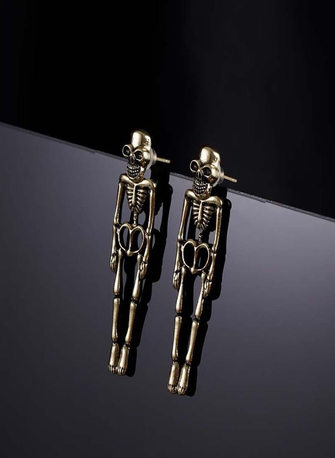 Meimimix Gothic Skull Earrings Punk Skeleton Groom Bride Front Back Stud Earrings Halloween for Women Girl (Gold) - Image 4