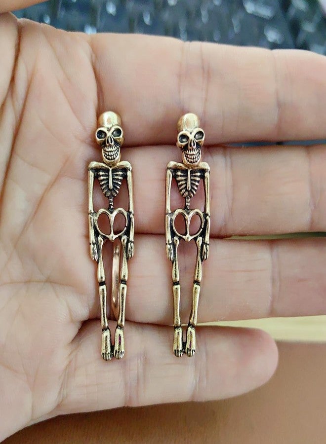 Meimimix Gothic Skull Earrings Punk Skeleton Groom Bride Front Back Stud Earrings Halloween for Women Girl (Gold) - Image 5