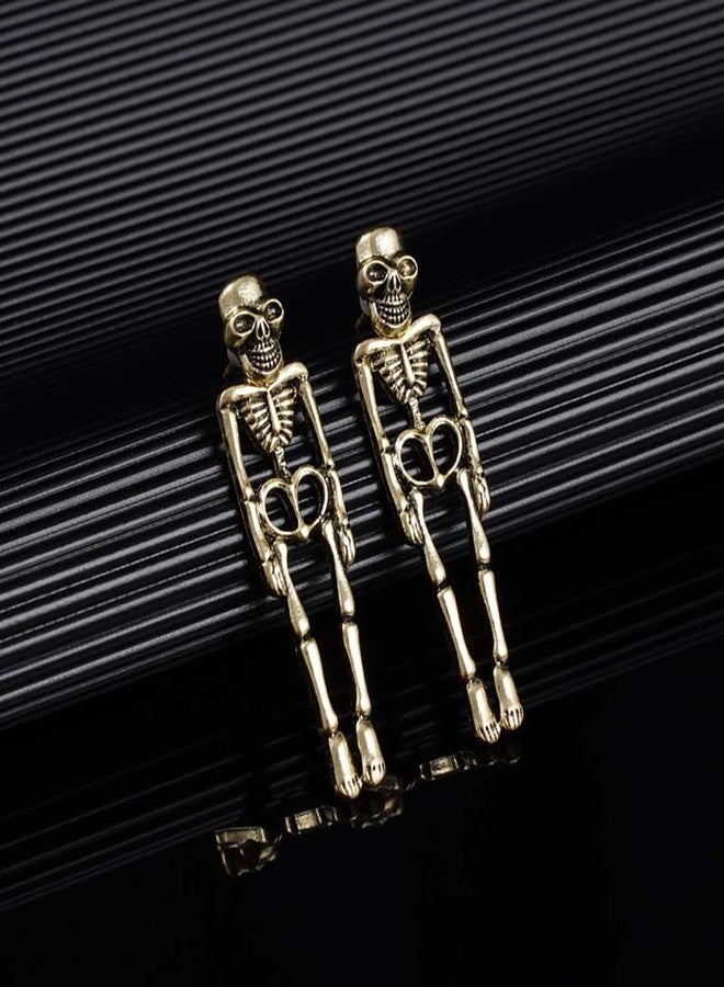 Meimimix Gothic Skull Earrings Punk Skeleton Groom Bride Front Back Stud Earrings Halloween for Women Girl (Gold) - Image 3