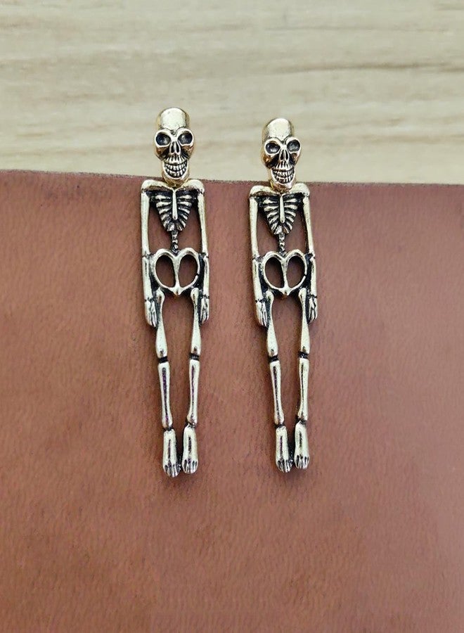 Meimimix Gothic Skull Earrings Punk Skeleton Groom Bride Front Back Stud Earrings Halloween for Women Girl (Gold) - Image 2
