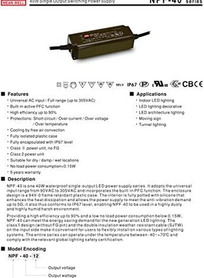 Mean Well NPF 40 24 24V 1.67A 40W Single Output LED Power Supply with PFC - Image 3